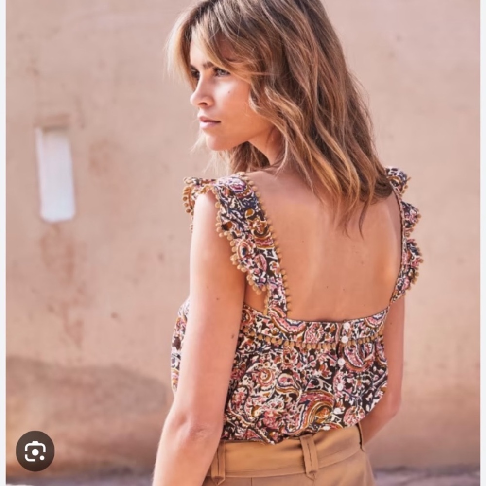 Floral Paisley Ruffle Strap Tank Top - Brown Multi - Picture 5 of 11